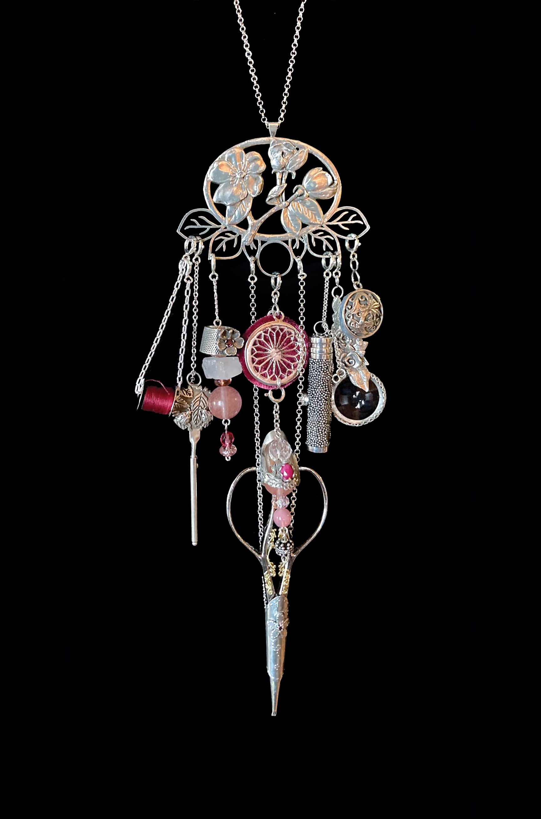 Wild Rose Collection chatelaine featuring sterling silver thimbles and sewing accessories.