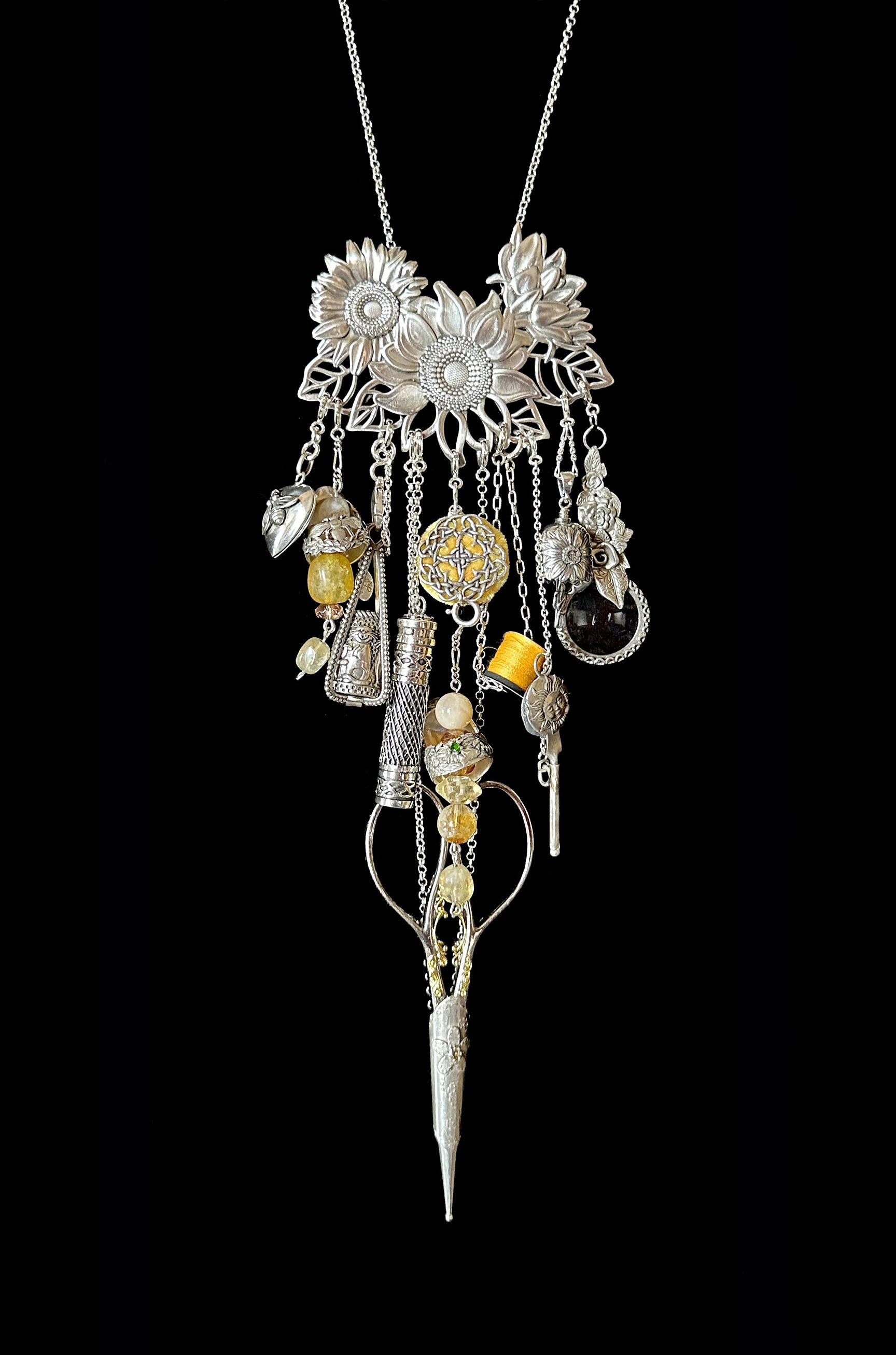 Sunflower Collection featuring handmade sterling silver chatelaine with thimble accessories and floral design.