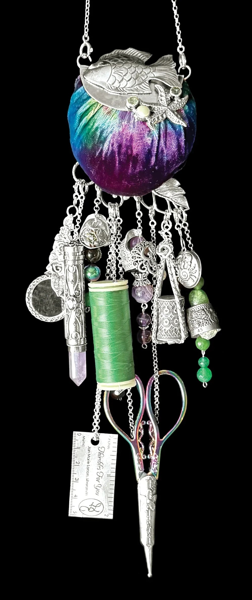 Pincushion Purse with sterling silver thimbles and accessories for sewing tools and crafts.