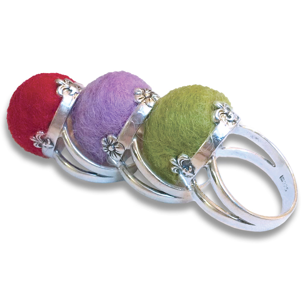 Sterling Silver and Felted Wool Pincushion Ring  - Mini Flower