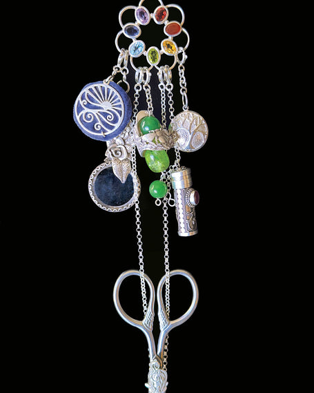 Ring of Gems Collection featuring artisan sewing thimbles and thimble accessories on a decorative chatelaine.