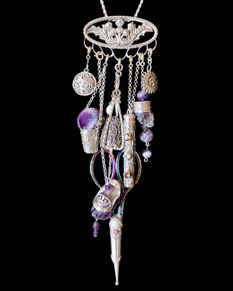 Thistles Collection featuring artisan sewing thimbles and thimble accessories in a vibrant pendant design.