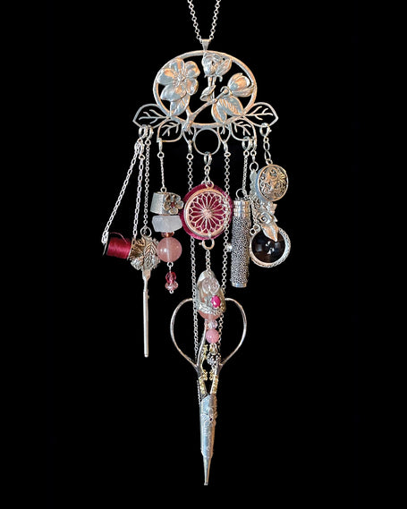 Wild Rose Collection chatelaine featuring sterling silver thimbles and sewing accessories.