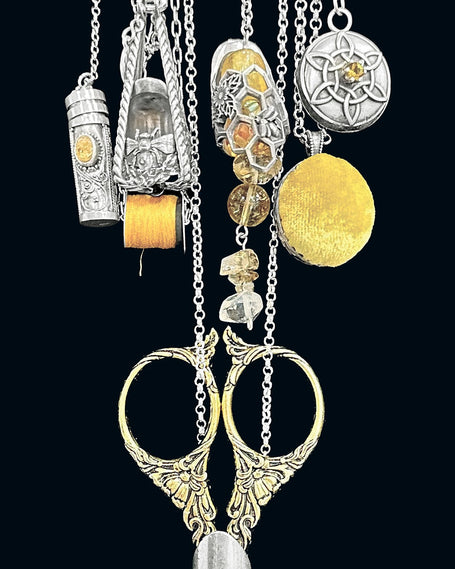 Honeycomb Collection featuring artisan sewing thimbles and sewing tool accessories with a decorative design.