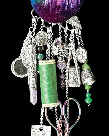 Pincushion Purse Collection featuring sterling silver thimbles, sewing tools, and unique thimble accessories.