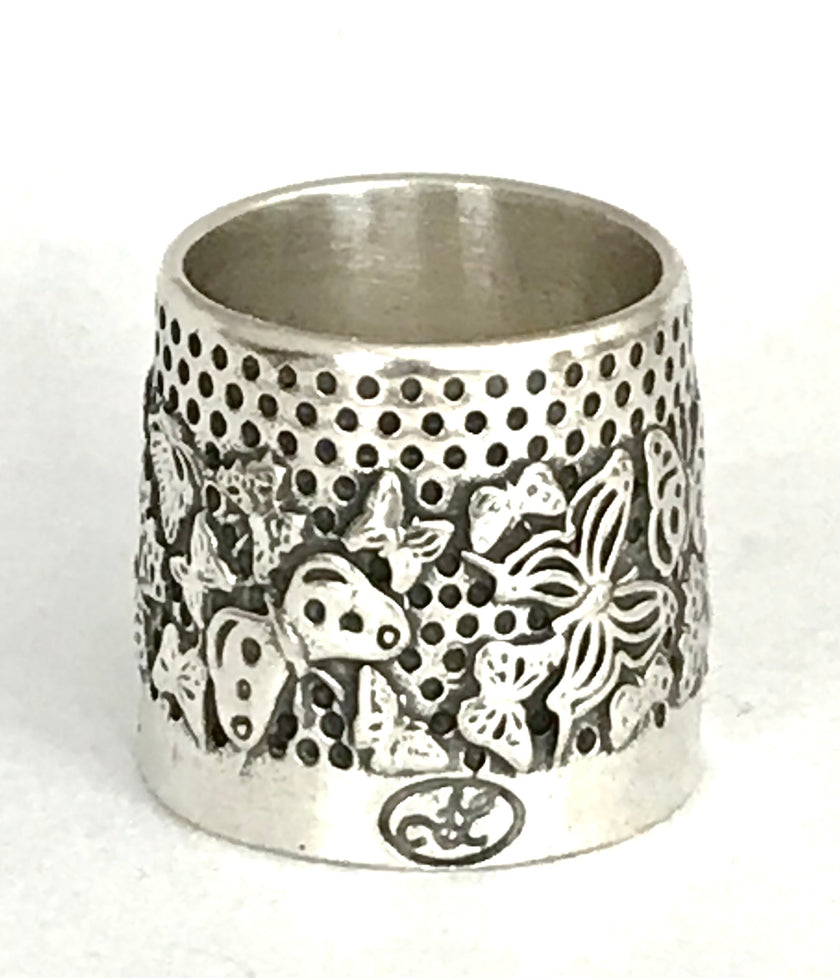 Spring Butterflies Tailor's Thimble in sterling silver featuring intricate butterfly designs, ideal for sewing and quilting.