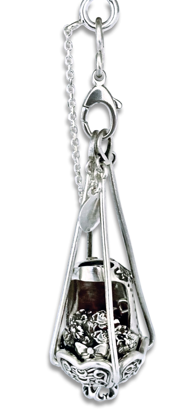 Basket Thimble Cage in sterling silver, featuring flower details and a secure lobster clasp for thimble storage.