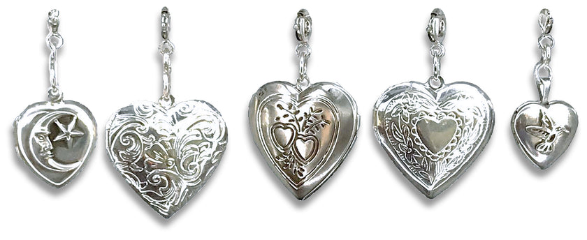 Heart Beeswax Locket collection featuring various ornate heart-shaped designs in sterling silver.