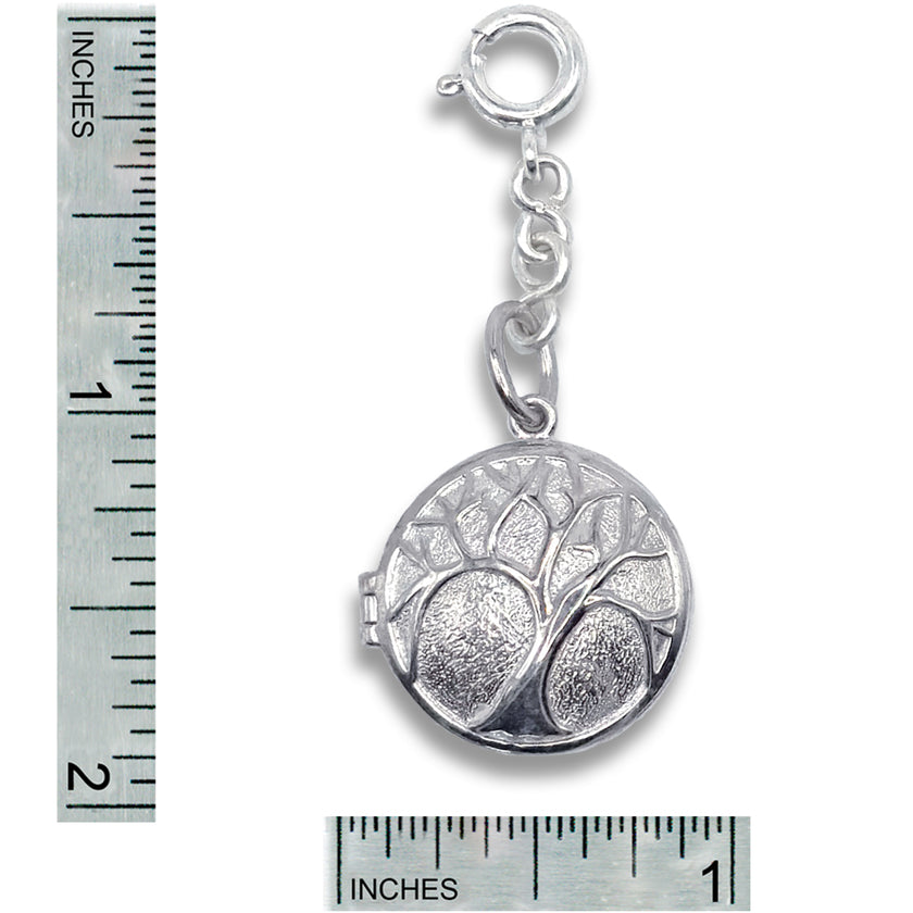 Round Beeswax Locket featuring intricate tree design with measurements for size reference.