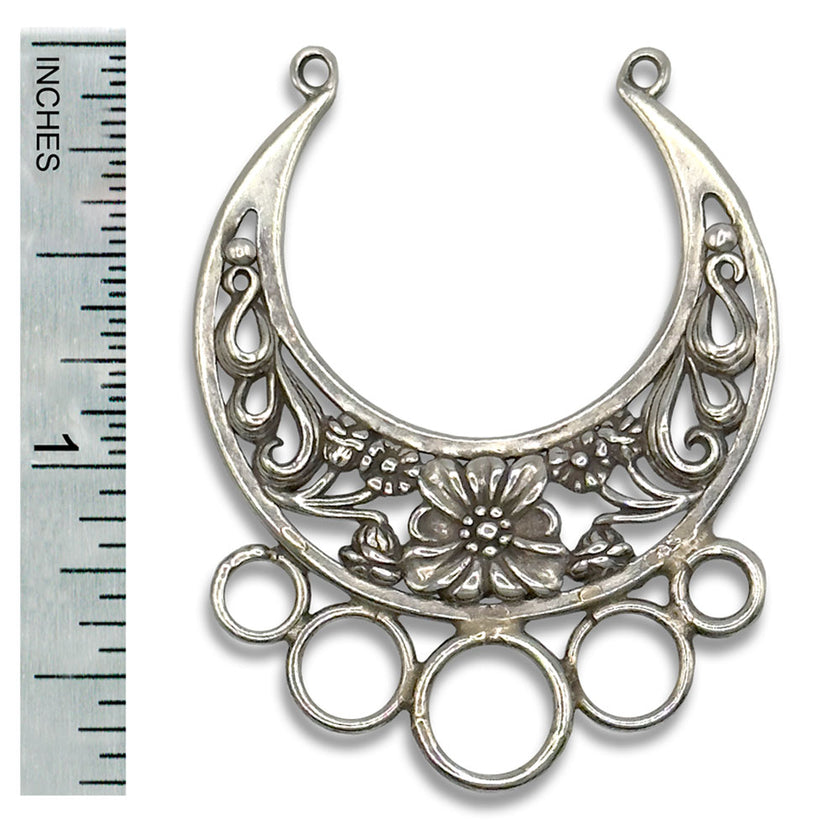 Chrysanthemum Horseshoe Chatelaine featuring five loops for sewing tools, artisan silver design and elegant craftsmanship.