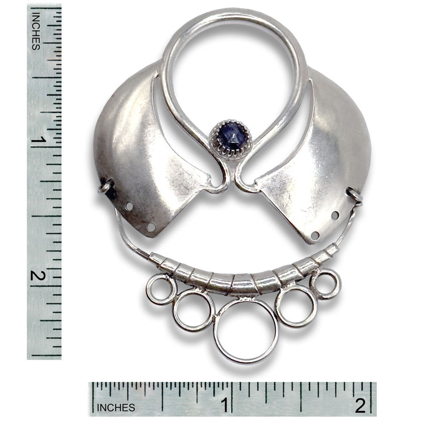 Cleopatra Chatelaine, Small - elegant silver accessory with fans and a gemstone, ideal for sewing tools and thimble collections.