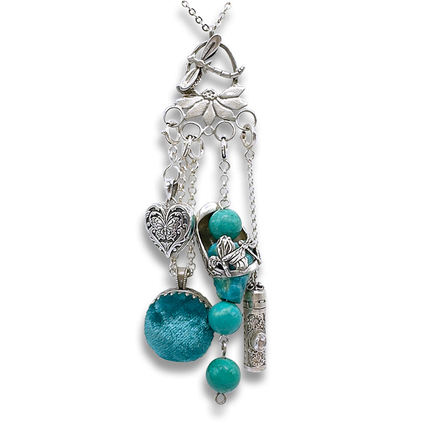 Coneflower and Dragonfly Chatelaine with turquoise beads and silver charms for sewing enthusiasts
