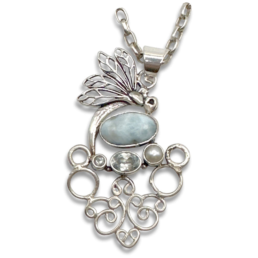 Dragonfly with Larimar Chatelaine, artisan silver pendant showcasing intricate design and gemstone accents.