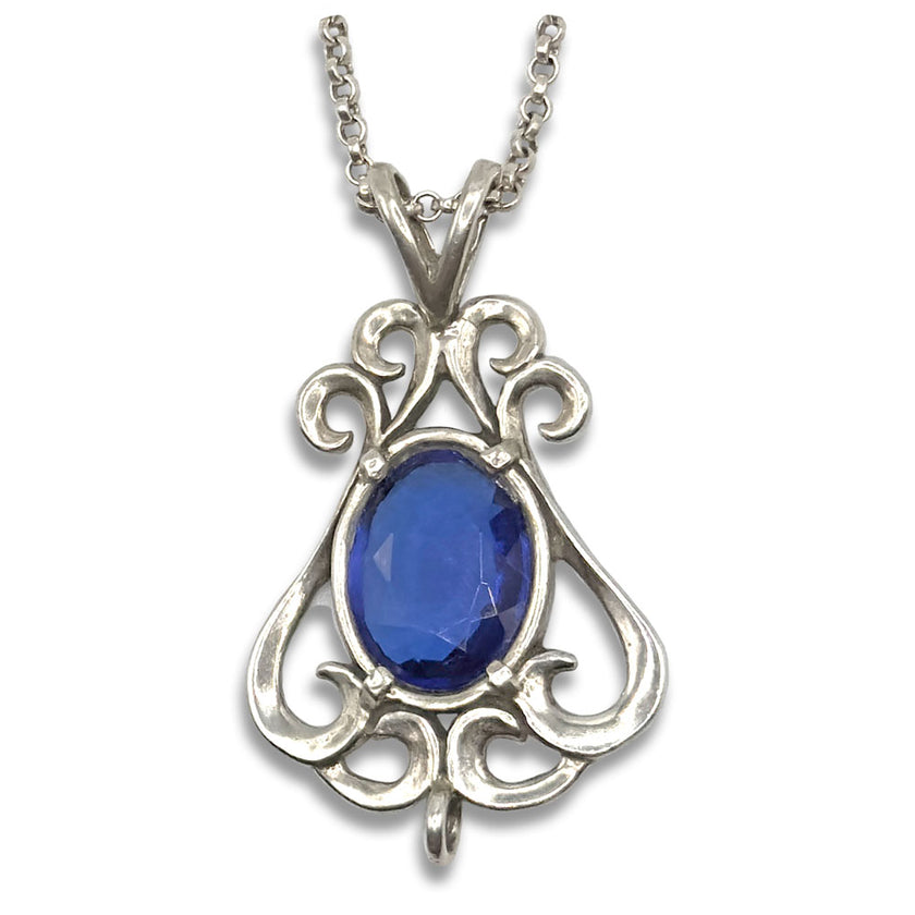 Flourish Chatelaine featuring a sterling silver design with an elegant blue gemstone, perfect for sewing tools and thimble accessories.