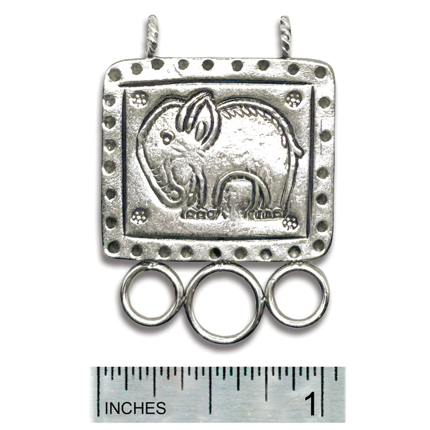 Elephant Chatelaine with three attachment loops for thimble accessories and sewing tools, made from sterling silver.