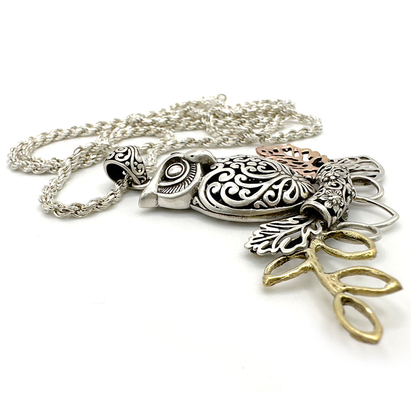 Owl 3D Chatelaine in sterling silver with leaves and branch, perfect for thimble collections and sewing accessories.