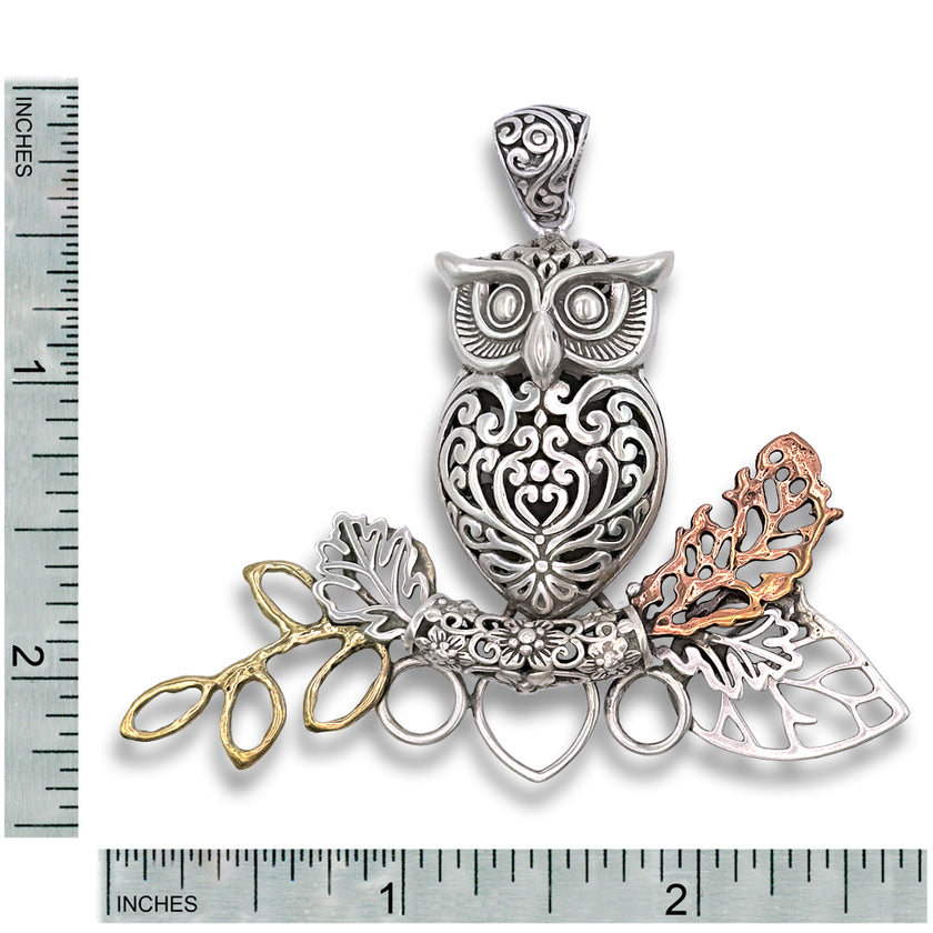 Owl 3D Chatelaine in sterling silver with leaves and branches, ideal for sewing tools and thimble collections.