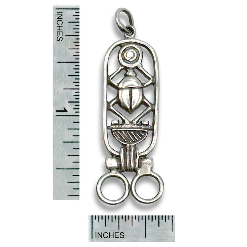 Scarab Chatelaine in sterling silver showcasing intricate design; a unique piece for thimble collections and sewing accessories.