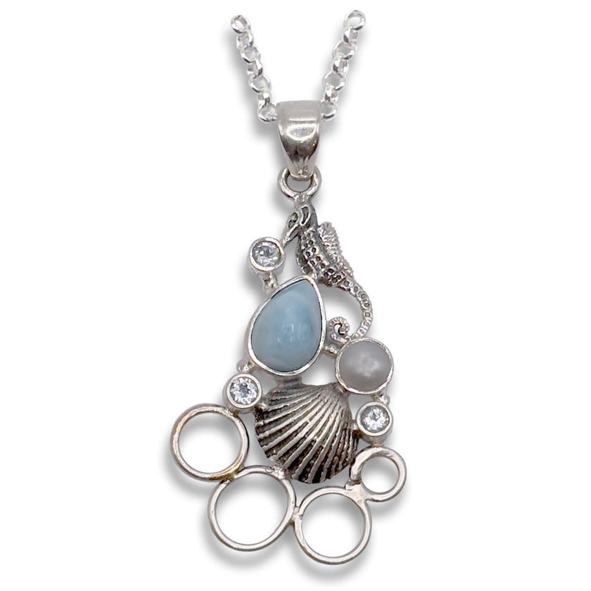 Sea Horse and Larimar Chatelaine featuring larimar, sea shell, and gemstones for sewing tools.