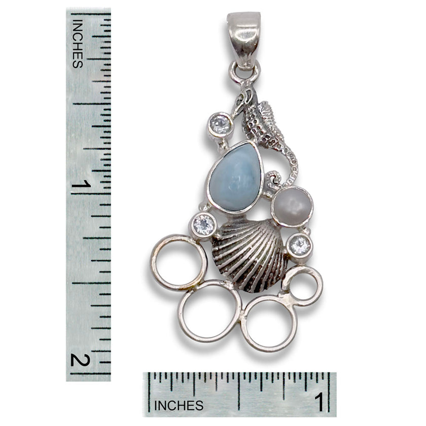 Sea Horse and Larimar Chatelaine featuring larimar, pearl, sea shell, and blue topaz gemstones in sterling silver.