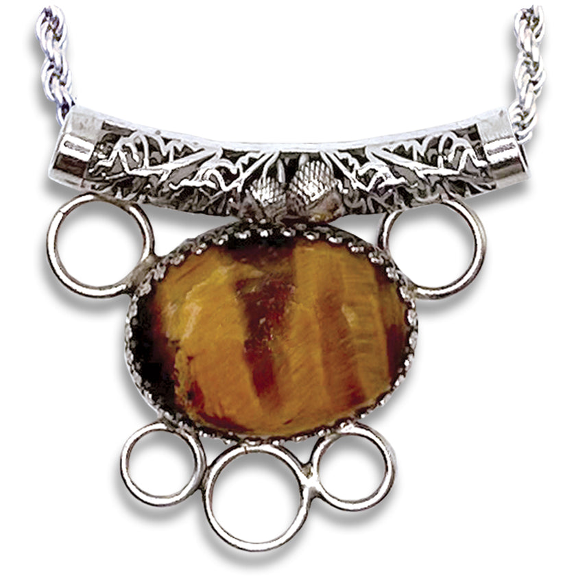 Acorn Tube Slide Chatelaine featuring a tiger eye gemstone and intricate sterling silver design, ideal for sewing enthusiasts.