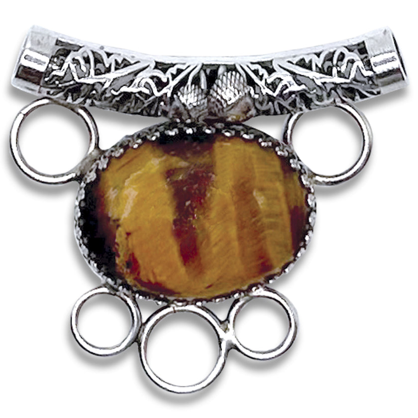 Acorn Tube Slide Chatelaine features a unique tiger eye gemstone and decorative sterling silver design for sewing tools.