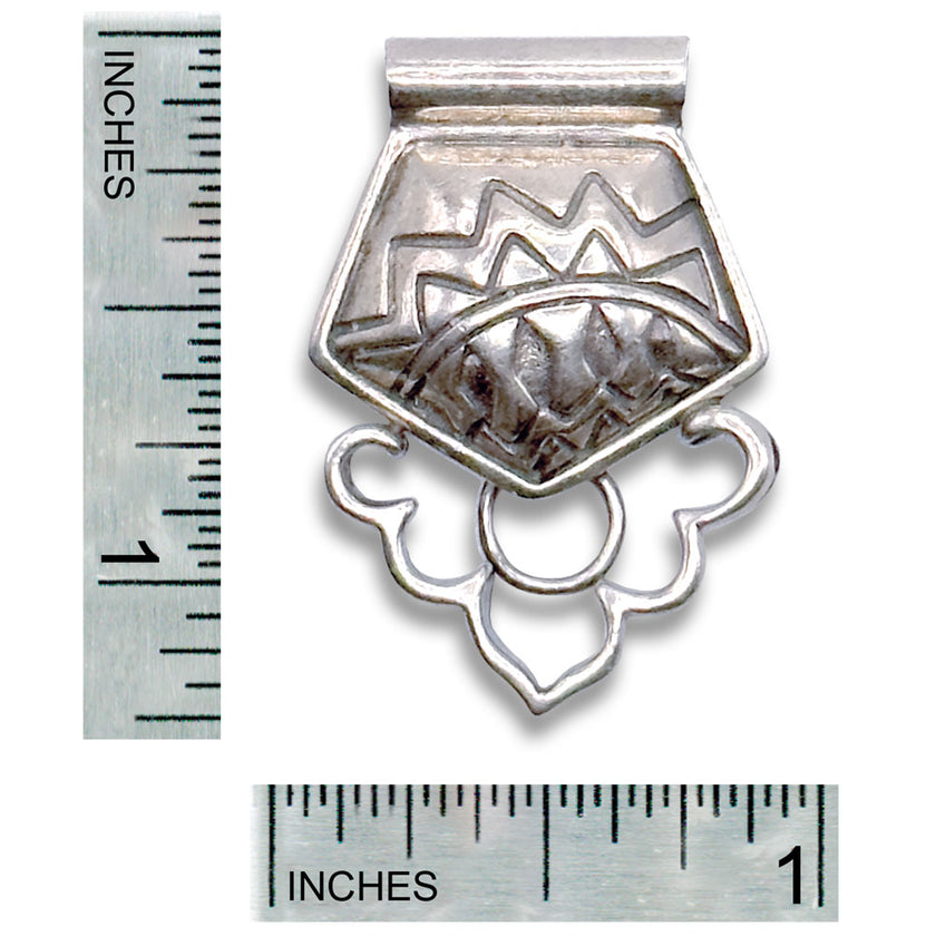 Southwest Chatelaine made of sterling silver, featuring a Southwest motif with measurements for size reference.