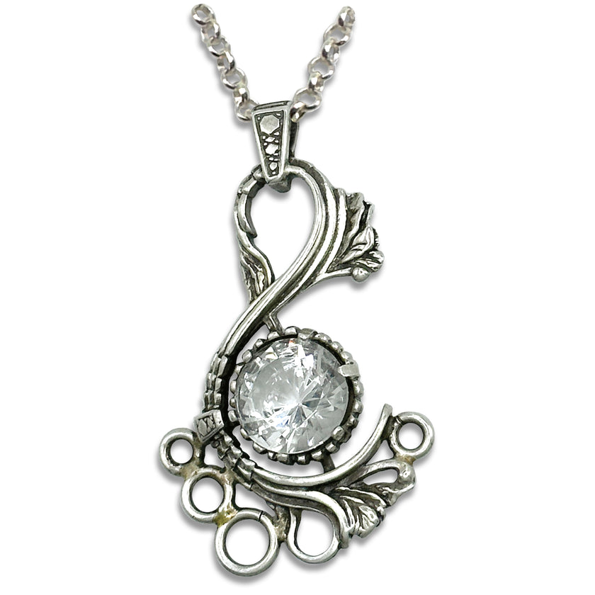 Symphony Chatelaine necklace in sterling silver with a gemstone, perfect for thimble collections and sewing accessories.