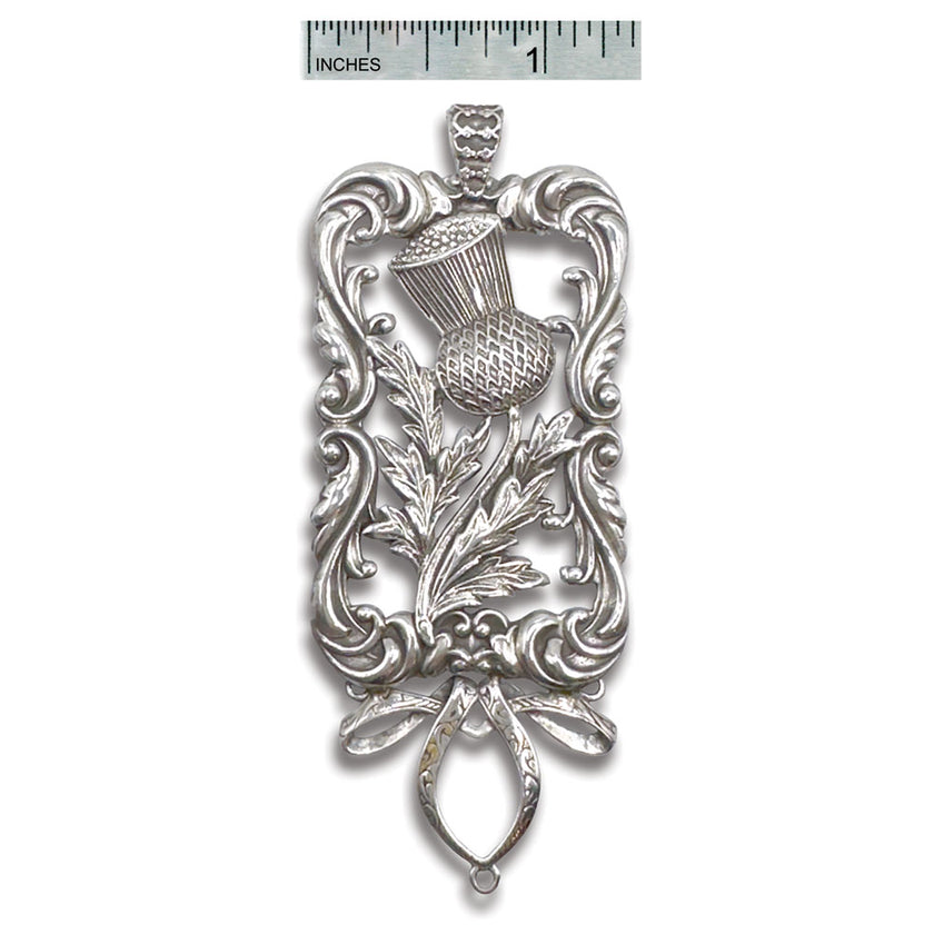 Thistle Bloom Chatelaine, ornate sterling silver thimble holder with floral design and measuring scale for size reference.