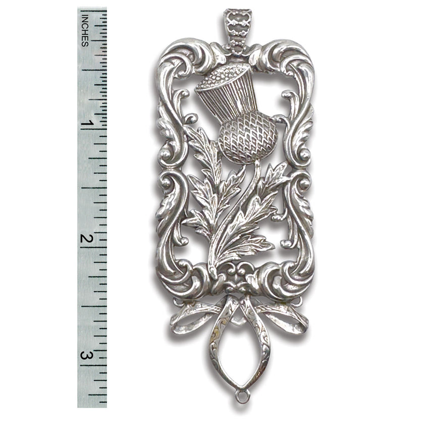 Thistle Bloom Chatelaine, sterling silver chatelaine with ornate design and thistle motif, 4.0 inches long.