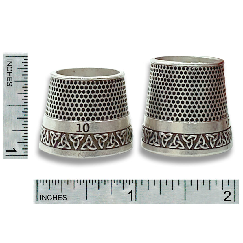 Celtic Triangles Tailor's Thimble displayed with size measurement, solid sterling silver with Celtic knot design.