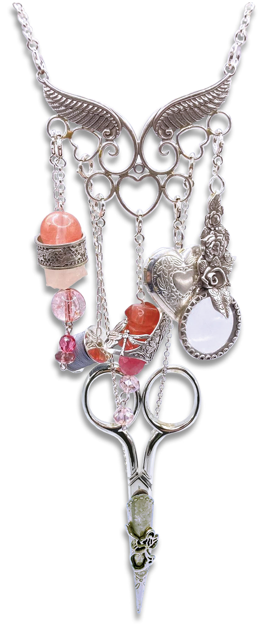 Angel Wings Chatelaine featuring sterling silver charms, scissors, and decorative beads for sewing enthusiasts.