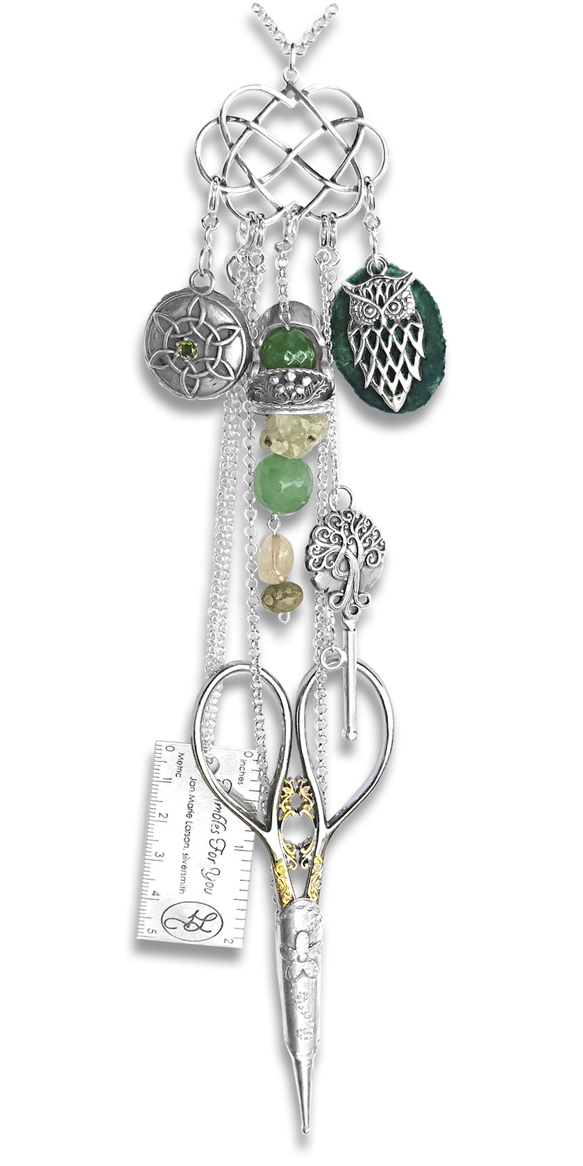 Celtic Knot Chatelaine with sterling silver thimbles and sewing tools, featuring intricate metalwork and colorful beads.