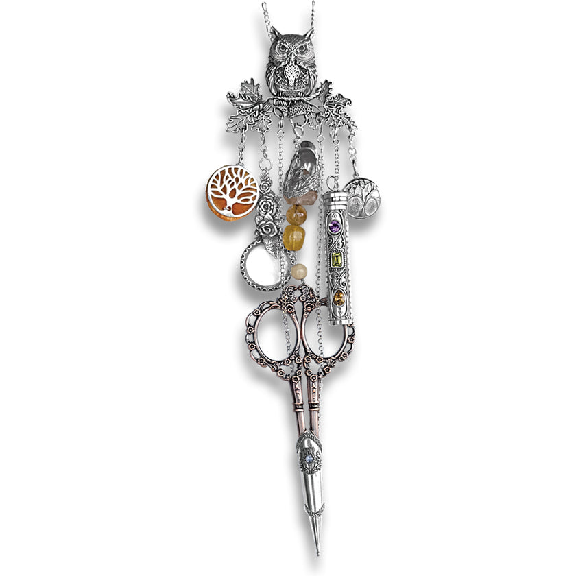 Celtic Wise Owl Chatelaine showcasing sterling silver charms, scissors, and decorative beads for sewing accessories.