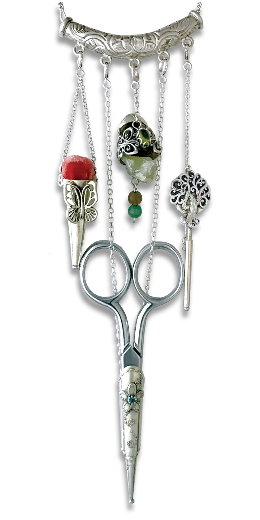 Crescent Scroll Chatelaine featuring sterling silver with sewing tools and decorative charms for craft enthusiasts.