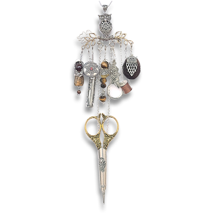 Owl 3D Chatelaine made of sterling silver, featuring thimbles and scissors, perfect for sewing tool accessories.