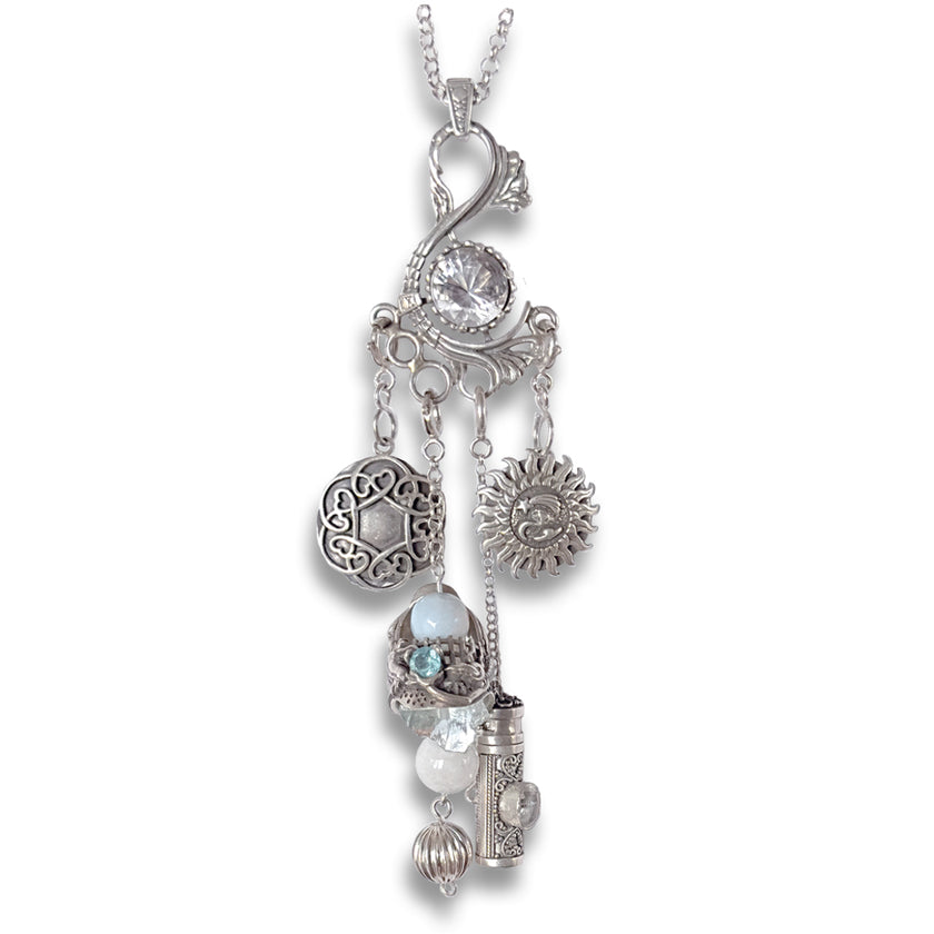 Symphony Chatelaine sterling silver necklace with treble clef design and 10mm gemstone, ideal for music lovers.