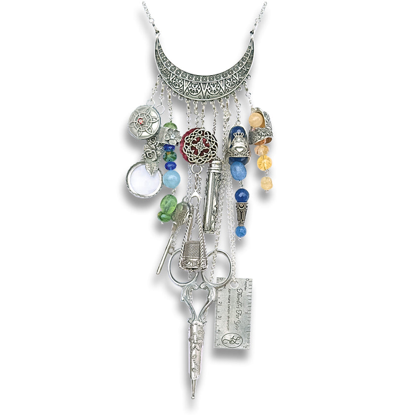 Tribal Moon Chatelaine featuring sterling silver charms and tools, perfect for sewing and crafting enthusiasts.