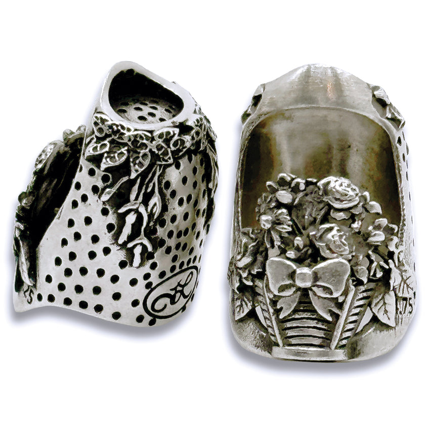 Flower Basket Thimble featuring a floral design and quilt rim in sterling silver, ideal for quilting and sewing enthusiasts.