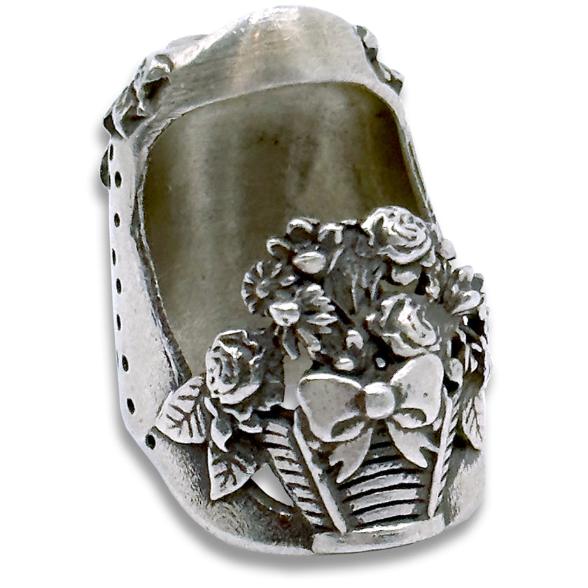 Flower Basket Thimble in sterling silver, featuring a beautiful quilt rim and floral design, ideal for sewing and quilting.