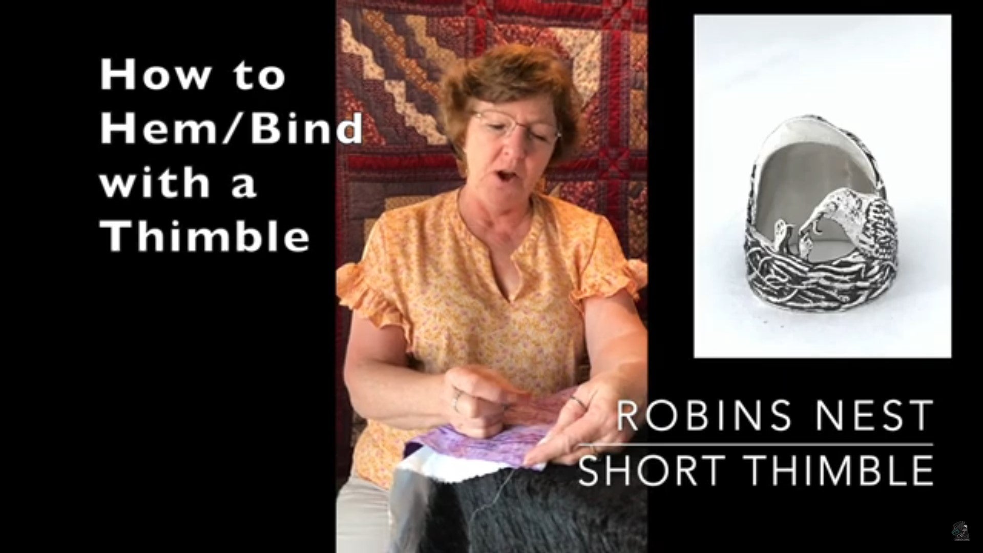 Tutorial on hemming with a thimble featuring a Robins Nest short thimble and crafting tips.