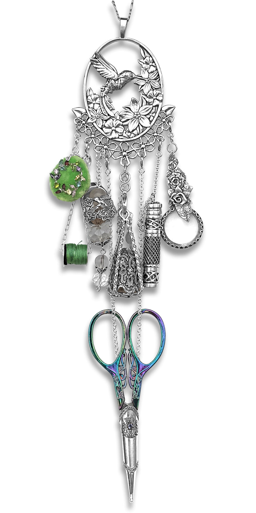 Hummingbird Chatelaine with scissors, thimble, and sewing tools in sterling silver for quilting and crafting.