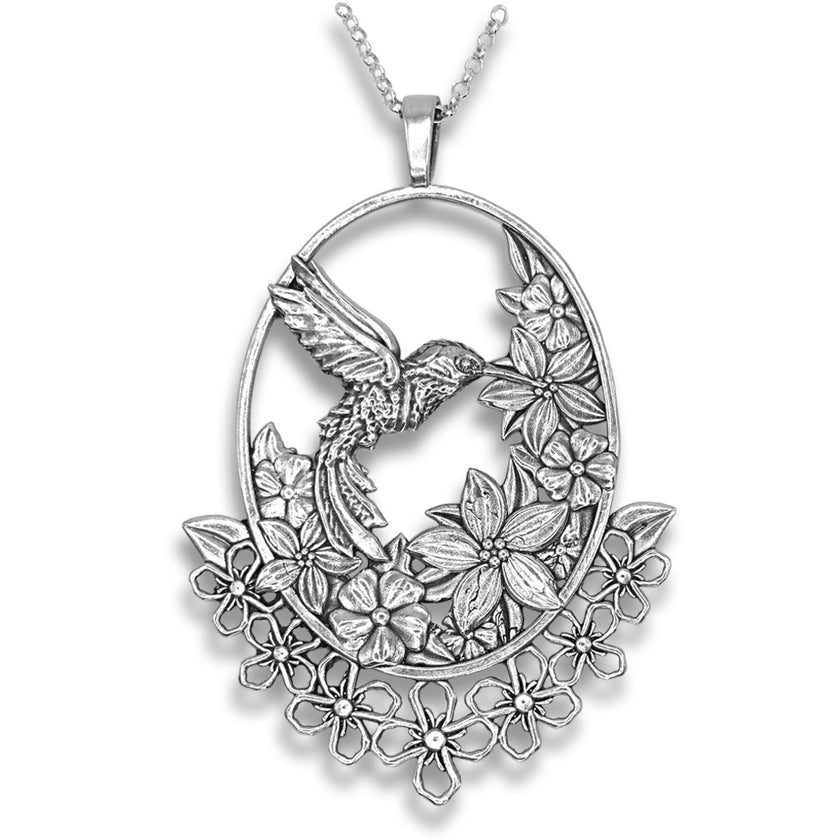 Hummingbird Chatelaine pendant in sterling silver showcasing a hummingbird amidst floral designs, a perfect accessory for sewing enthusiasts.