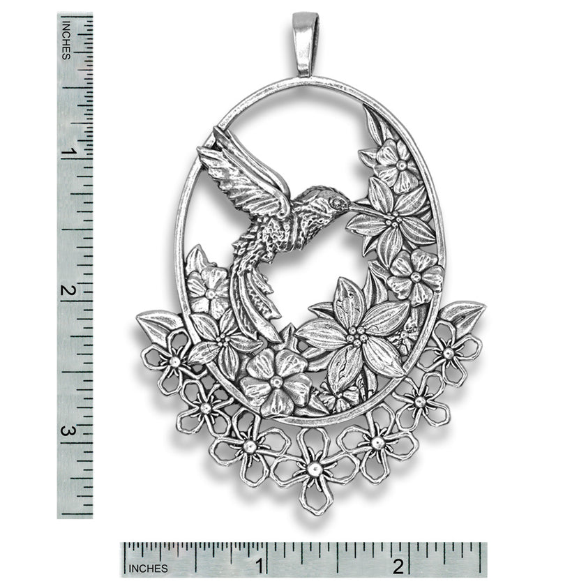 Hummingbird Chatelaine in sterling silver featuring a hummingbird surrounded by flowers, ideal for sewing tools and thimble accessories.