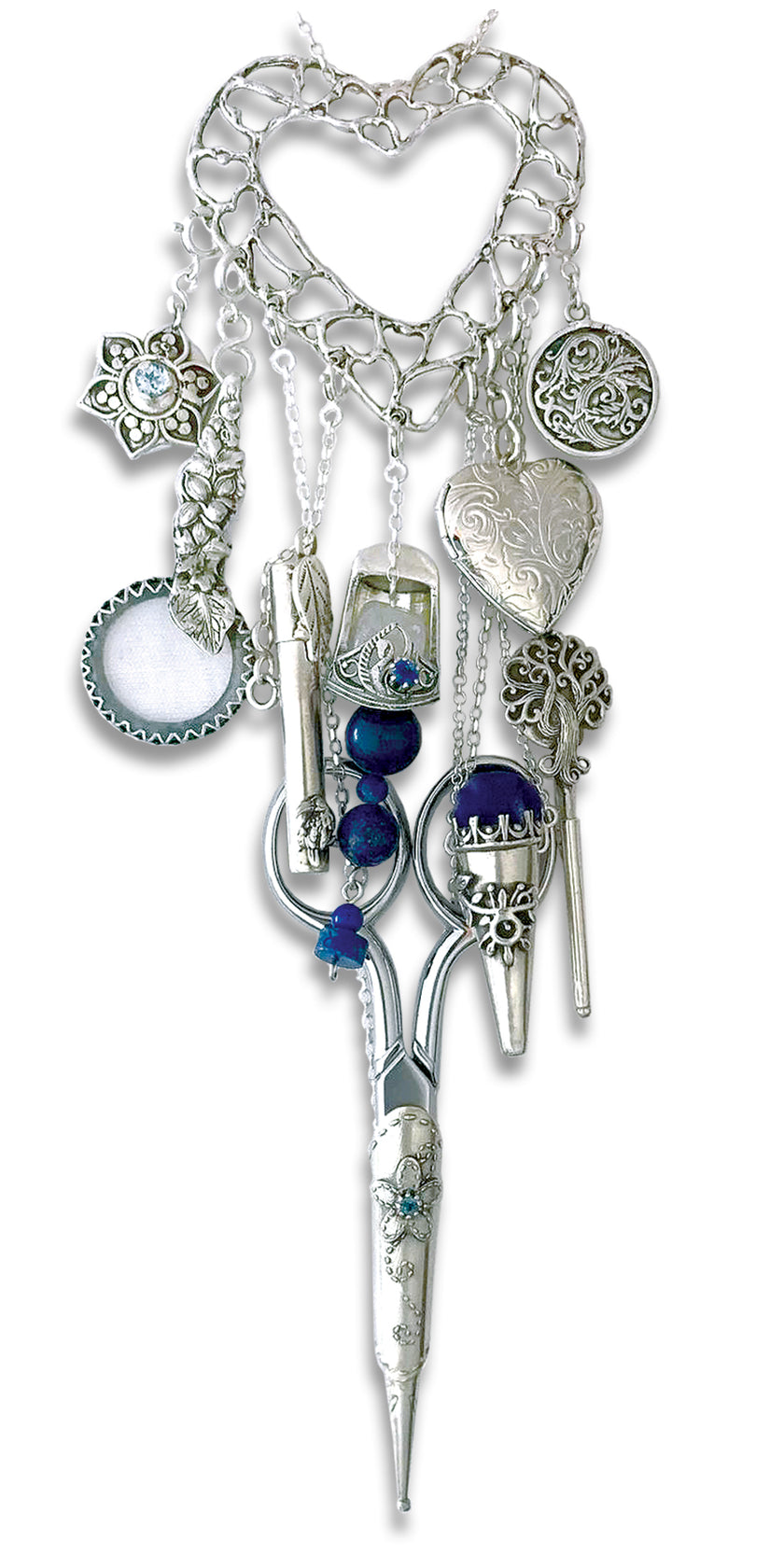 Open Heart Chatelaine featuring silver thimbles, ornate charm attachments, and decorative sewing tool accessories.