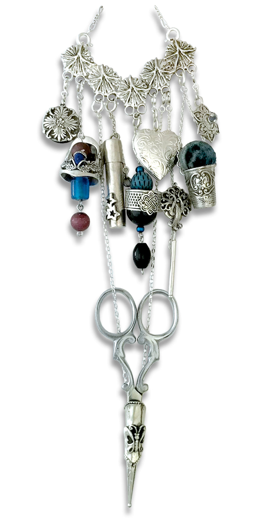 Elegant Pineapple Five Sterling Silver Chatelaine with decorative charms and sewing tools, ideal for thimble collections.
