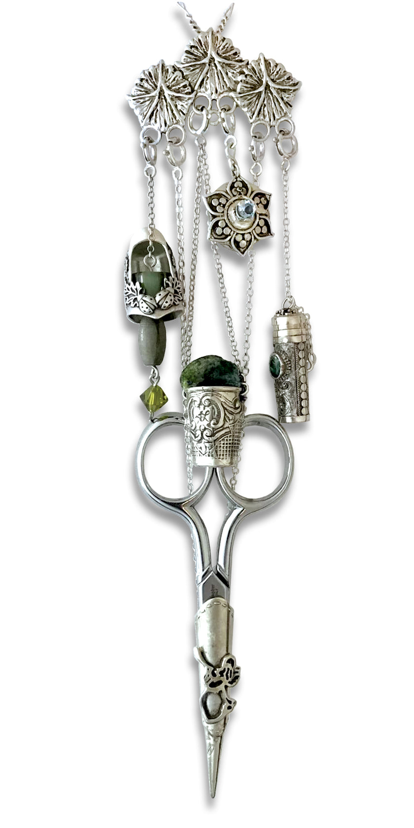 Pineapple Three Sterling Silver Chatelaine with ornate scissors and decorative charms, perfect for thimble collections and sewing accessories.