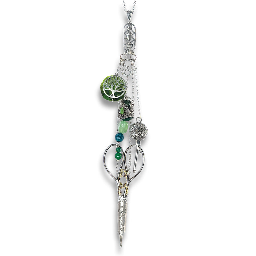 Scarab Chatelaine featuring sterling silver and intricate designs for sewing tools and thimble collections.