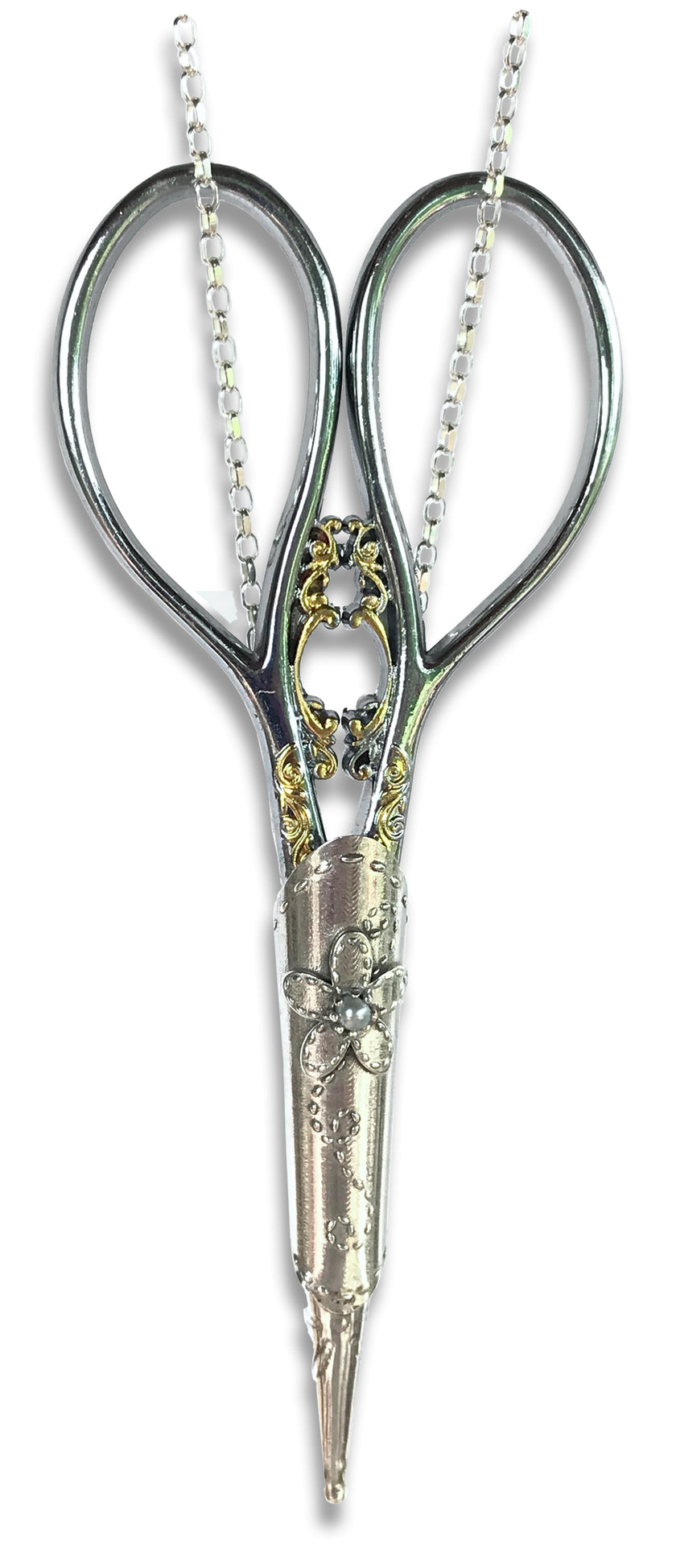 Daisy Sheath and Chain featuring elegant Sterling Silver scissor sheath with intricate detailing on a 12 inch chain.