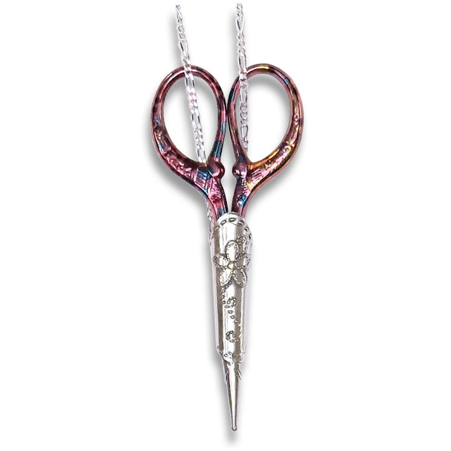 Daisy Scissor Sheath and chain, with Gem featuring sterling silver scissor sheath and small stainless steel scissors.